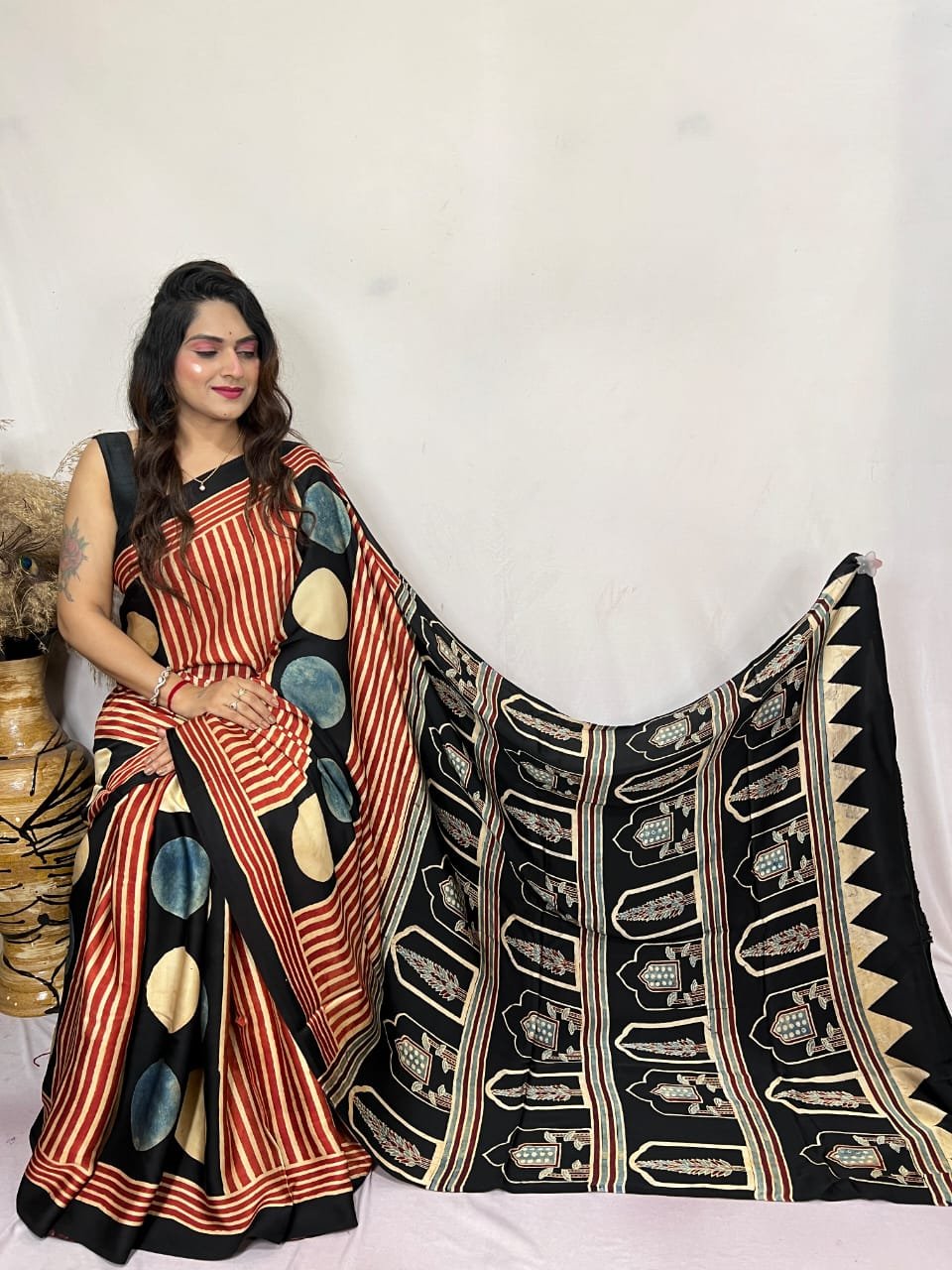 Womens Ajrakh Modal Silk Saree A Masterpiece of Hand Block Print and Natural Colors - Red