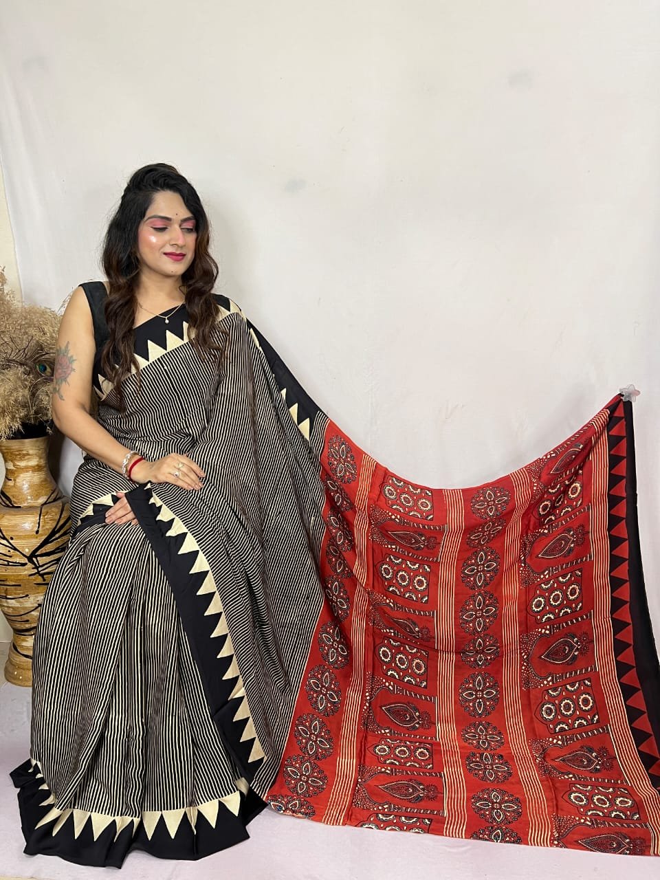Womens Ajrakh Modal Silk Saree A Masterpiece of Hand Block Print and Natural Colors - Black