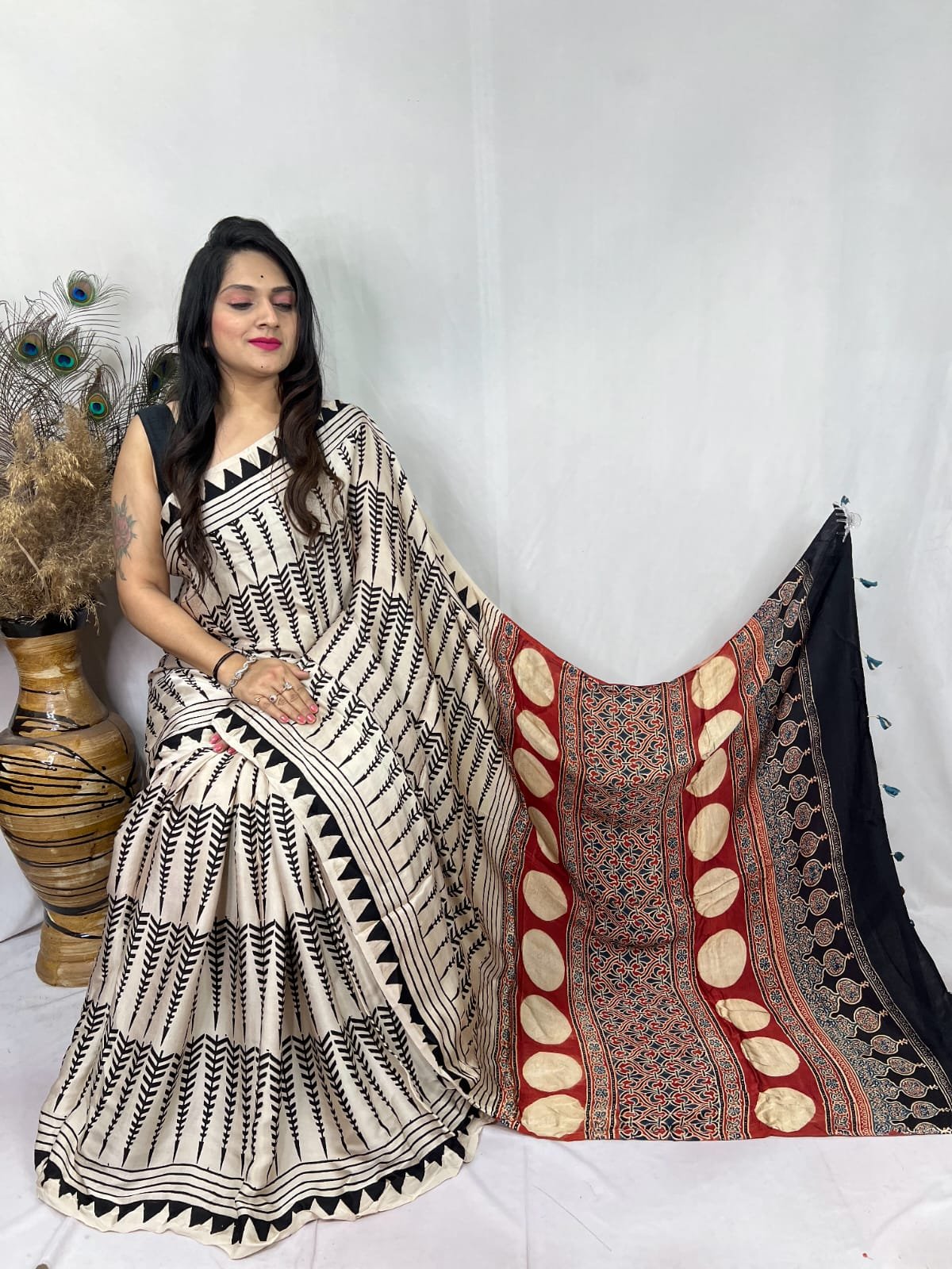 Womens Ajrakh Modal Silk Saree A Masterpiece of Hand Block Print and Natural Colors - Cream