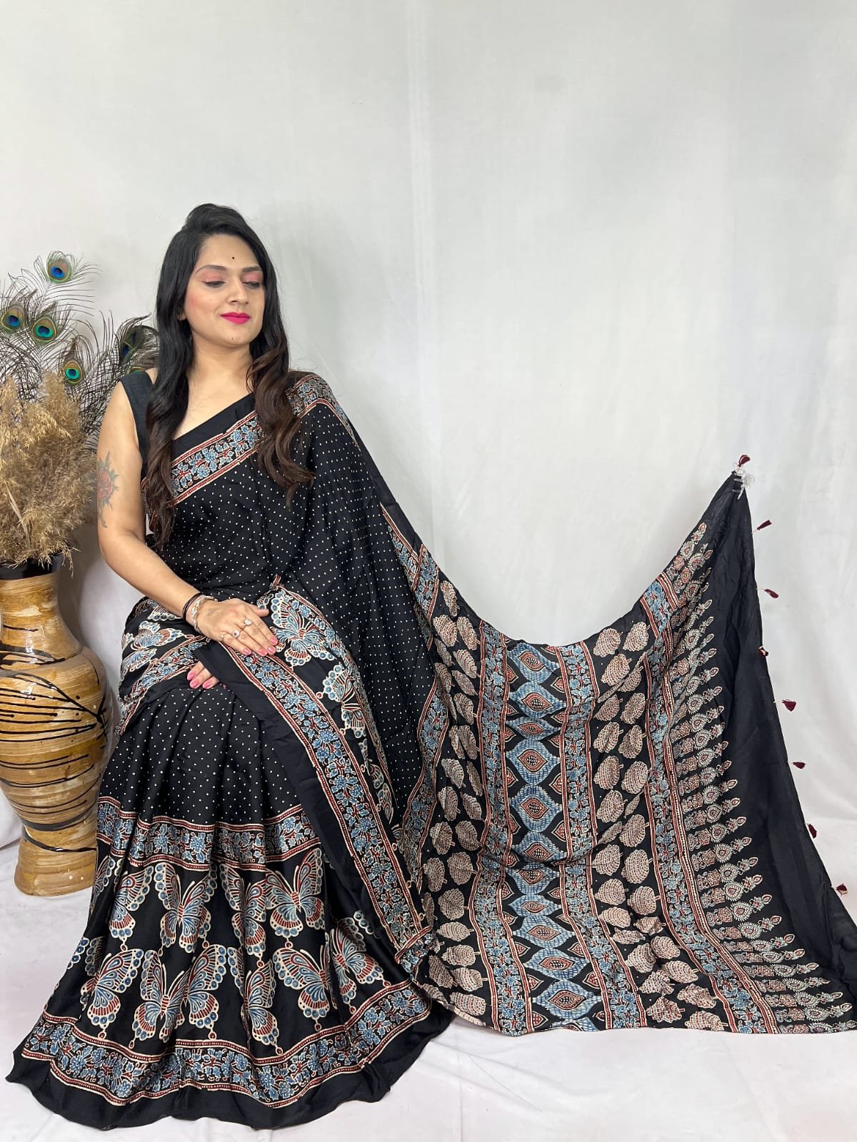Womens Ajrakh Modal Silk Saree A Masterpiece of Hand Block Print and Natural Colors - Black