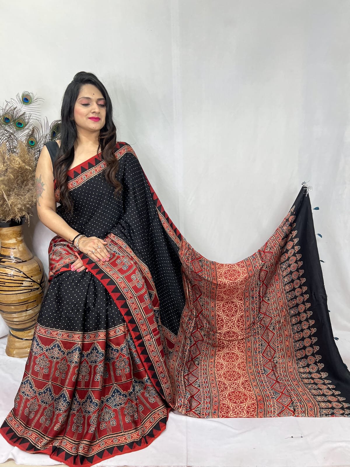 Womens Ajrakh Modal Silk Saree A Masterpiece of Hand Block Print and Natural Colors - Black