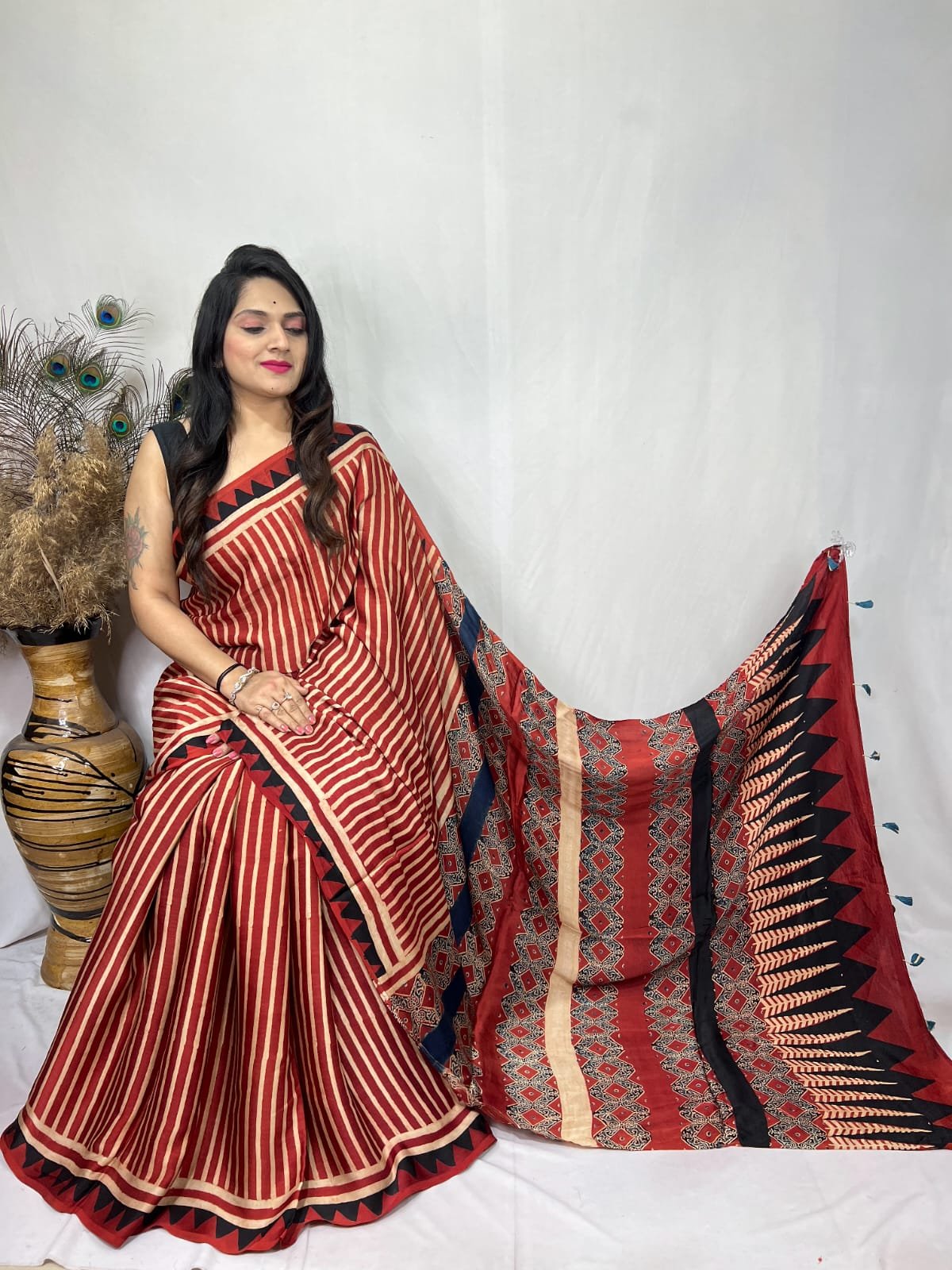 Womens Ajrakh Modal Silk Saree A Masterpiece of Hand Block Print and Natural Colors - Red