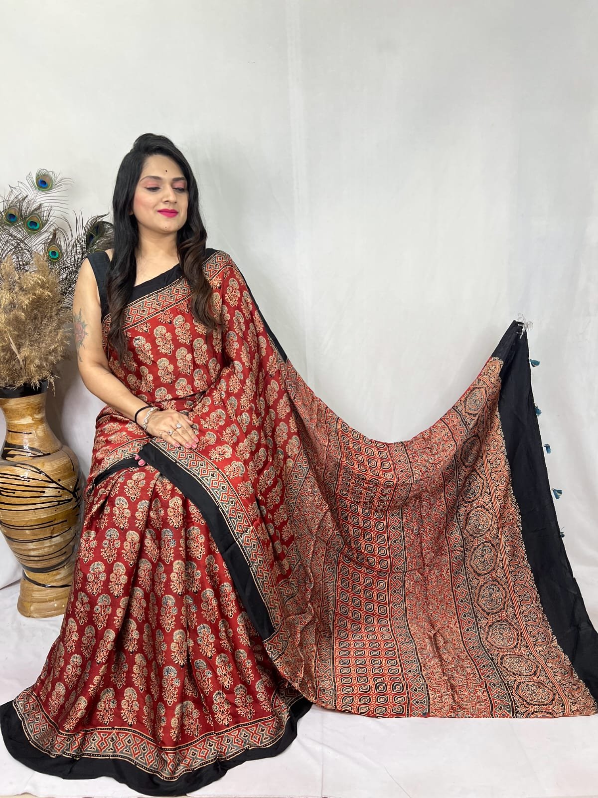 Womens Ajrakh Modal Silk Saree A Masterpiece of Hand Block Print and Natural Colors - Red
