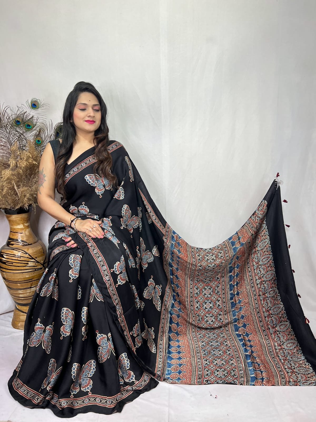 Womens Ajrakh Modal Silk Saree A Masterpiece of Hand Block Print and Natural Colors - Black