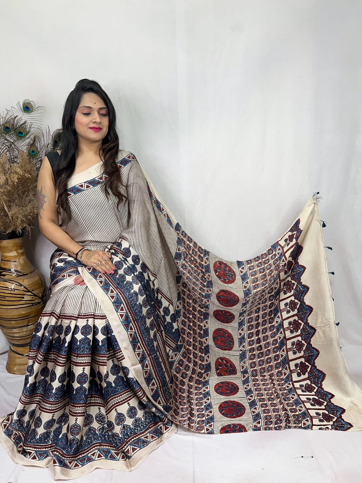 Womens Ajrakh Modal Silk Saree A Masterpiece of Hand Block Print and Natural Colors - Cream