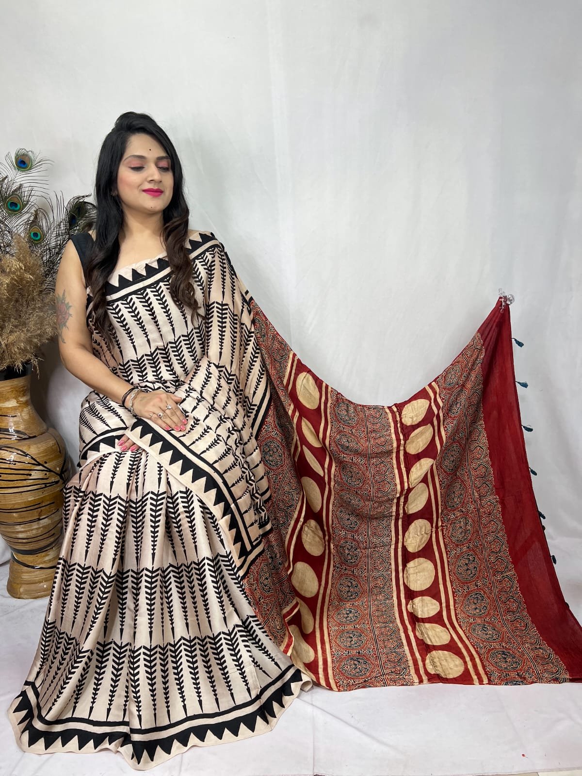 Womens Ajrakh Modal Silk Saree A Masterpiece of Hand Block Print and Natural Colors - Cream