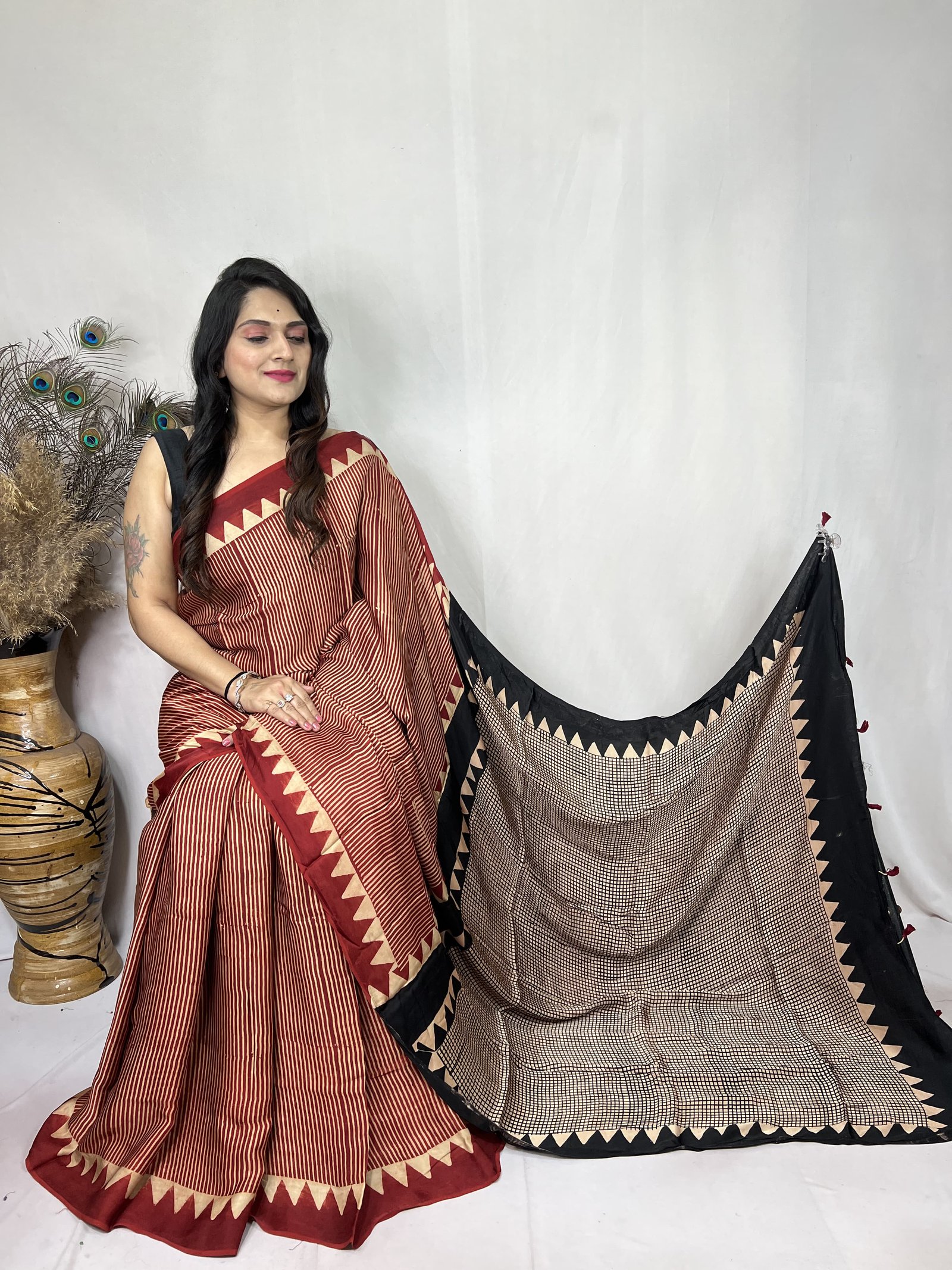 Womens Ajrakh Modal Silk Saree A Masterpiece of Hand Block Print and Natural Colors - Red