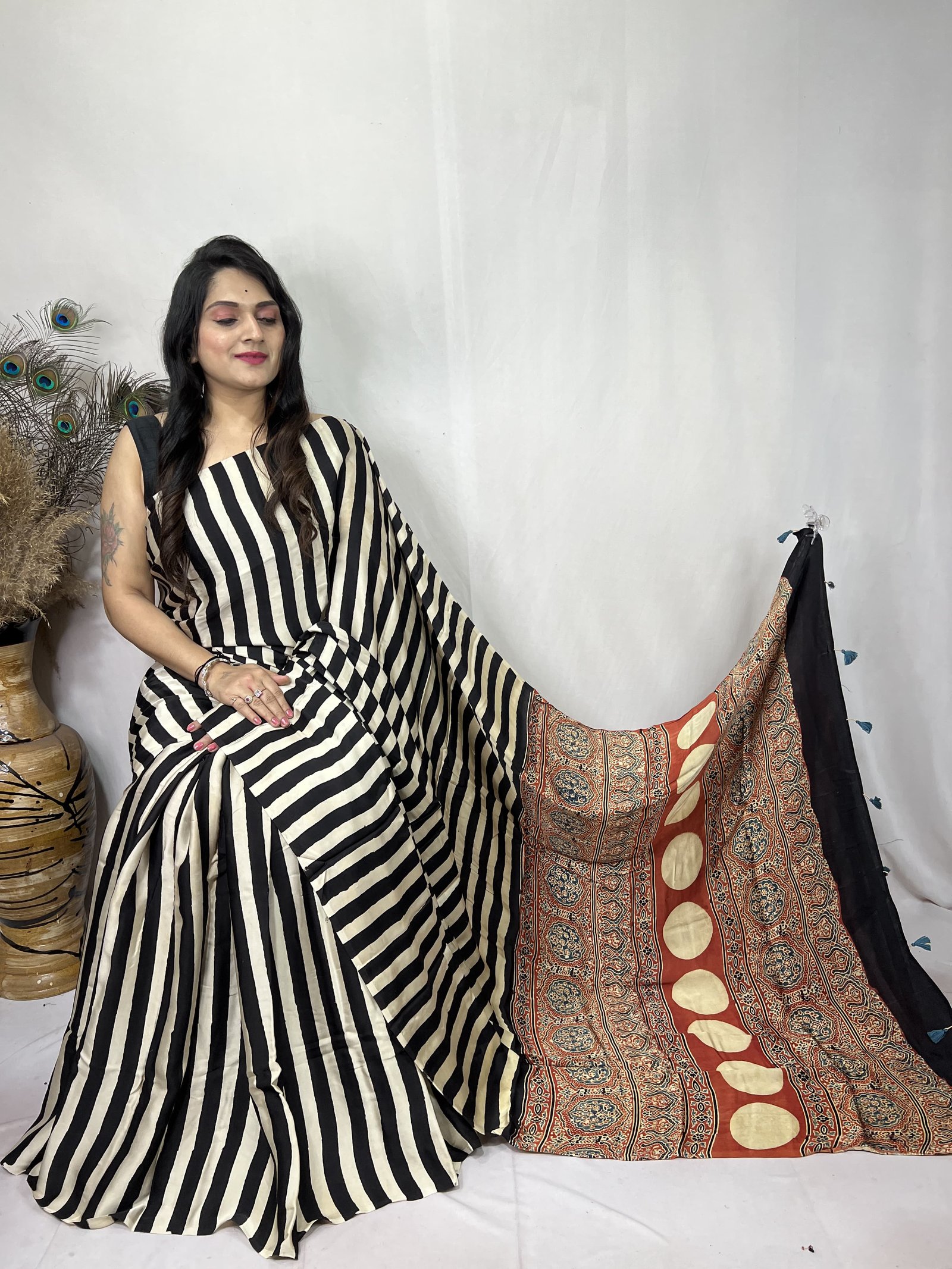 Womens Ajrakh Modal Silk Saree A Masterpiece of Hand Block Print and Natural Colors - Cream