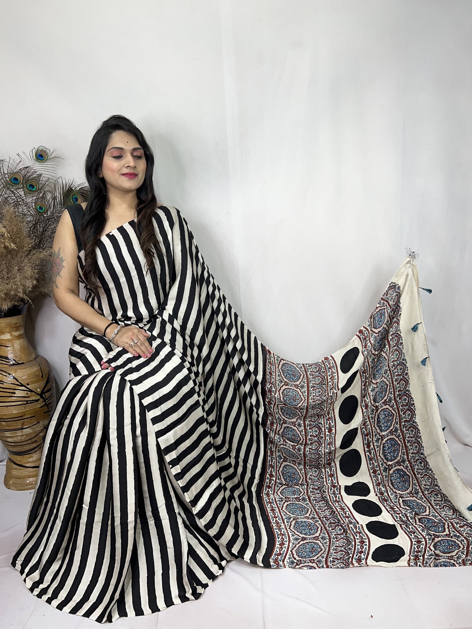 Womens Ajrakh Modal Silk Saree A Masterpiece of Hand Block Print and Natural Colors - Cream