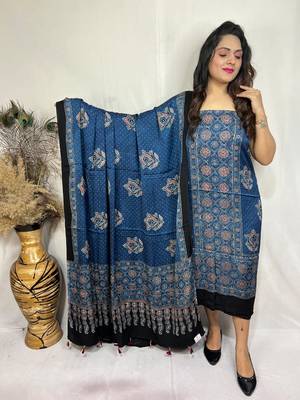 Luxurious Natural Block Print 2pcs Ajrakh Modal Silk Suit Material - Blue