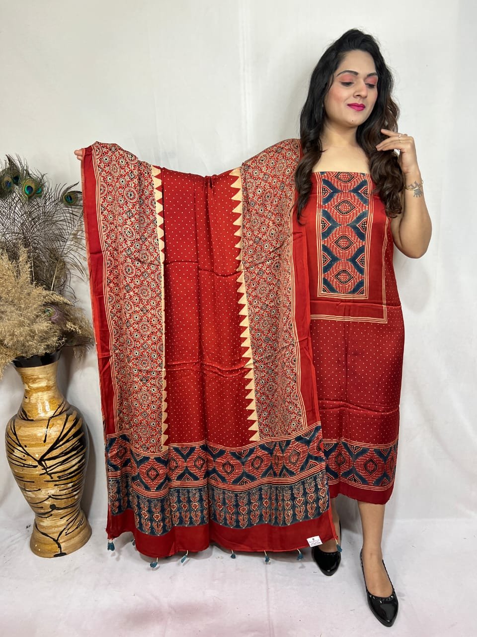 Luxurious Natural Block Print 2pcs Ajrakh Modal Silk Suit Material - Red