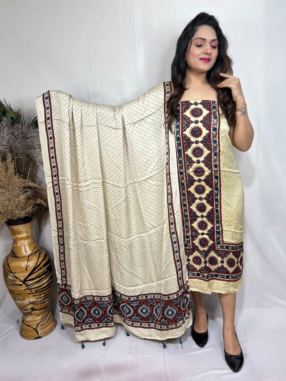 Luxurious Natural Block Print 2pcs Ajrakh Modal Silk Suit Material - Cream