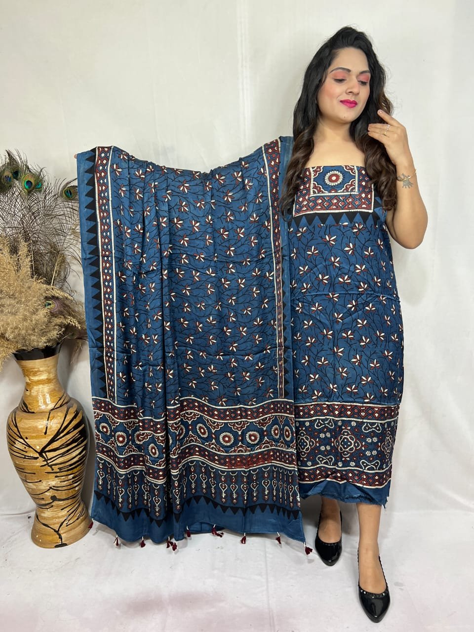 Luxurious Natural Block Print 2pcs Ajrakh Modal Silk Suit Material - Blue
