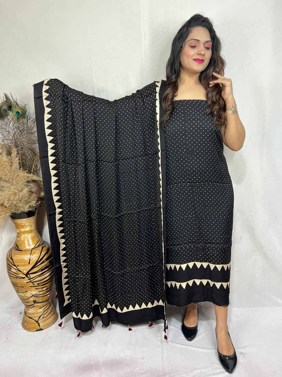 Luxurious Natural Block Print 2pcs Ajrakh Modal Silk Suit Material - Black