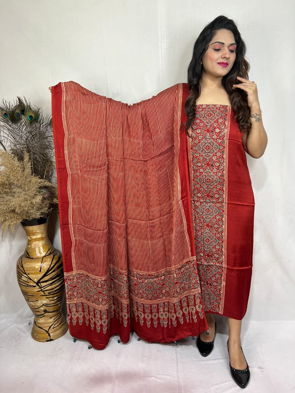 Luxurious Natural Block Print 2pcs Ajrakh Modal Silk Suit Material - Red