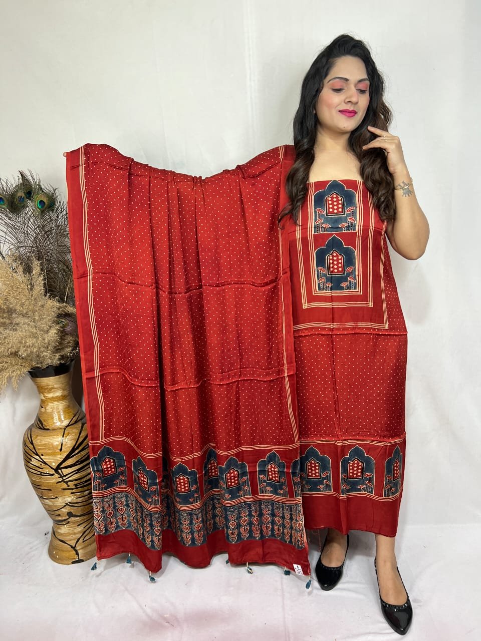 Luxurious Natural Block Print 2pcs Ajrakh Modal Silk Suit Material - Red