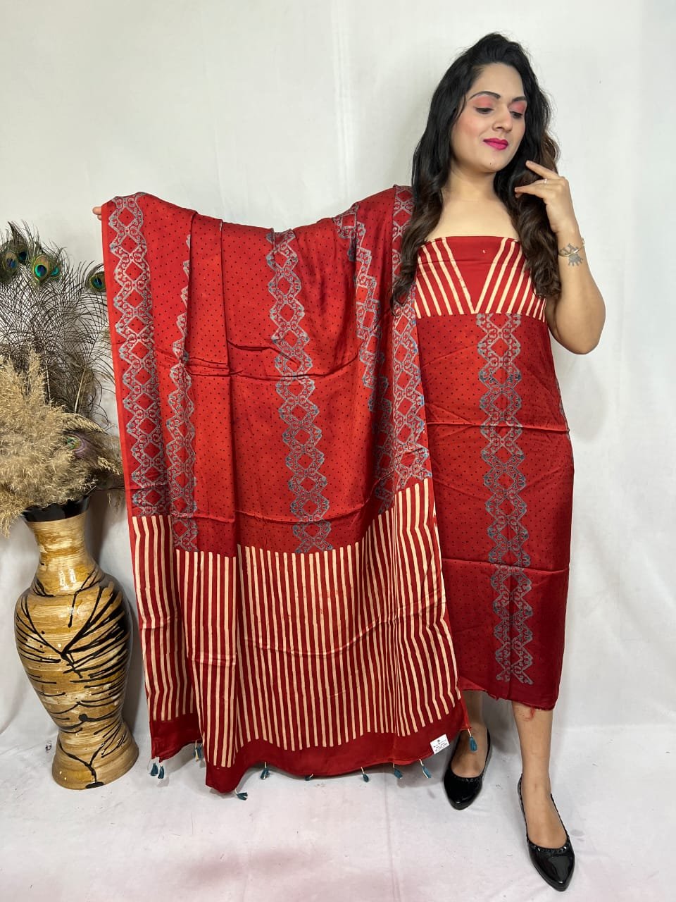 Luxurious Natural Block Print 2pcs Ajrakh Modal Silk Suit Material - Red