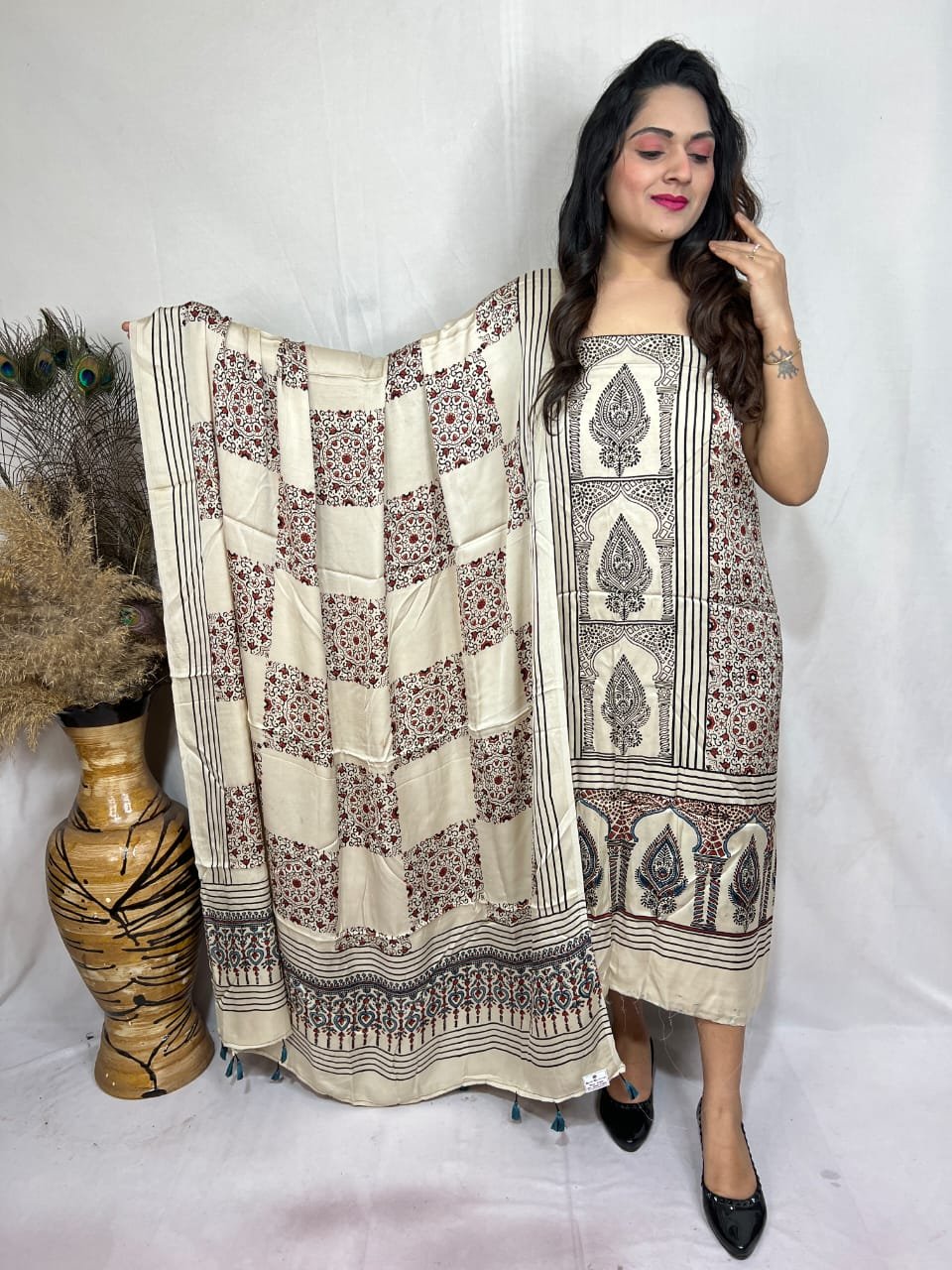 Luxurious Natural Block Print 2pcs Ajrakh Modal Silk Suit Material - Cream
