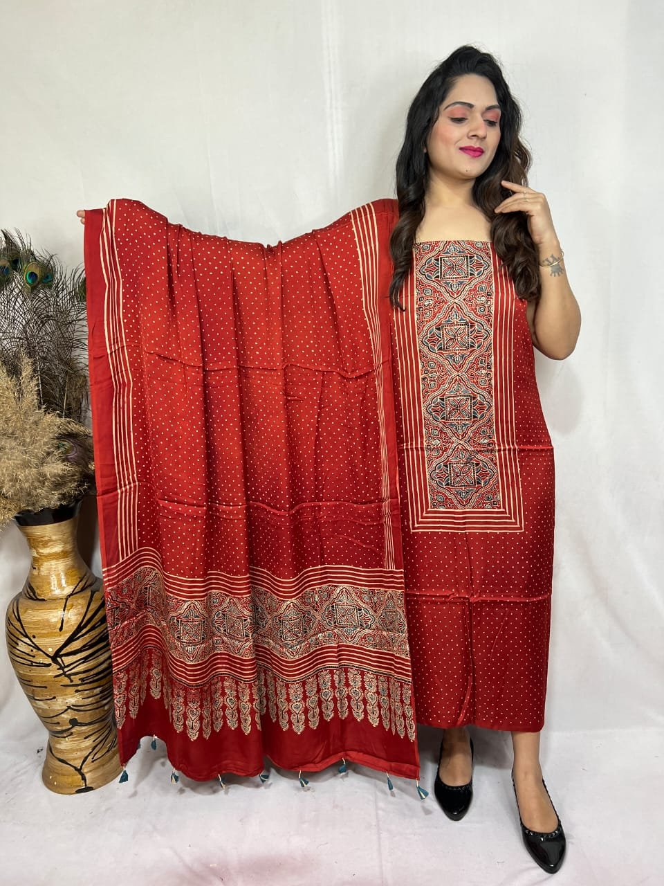 Luxurious Natural Block Print 2pcs Ajrakh Modal Silk Suit Material - Red