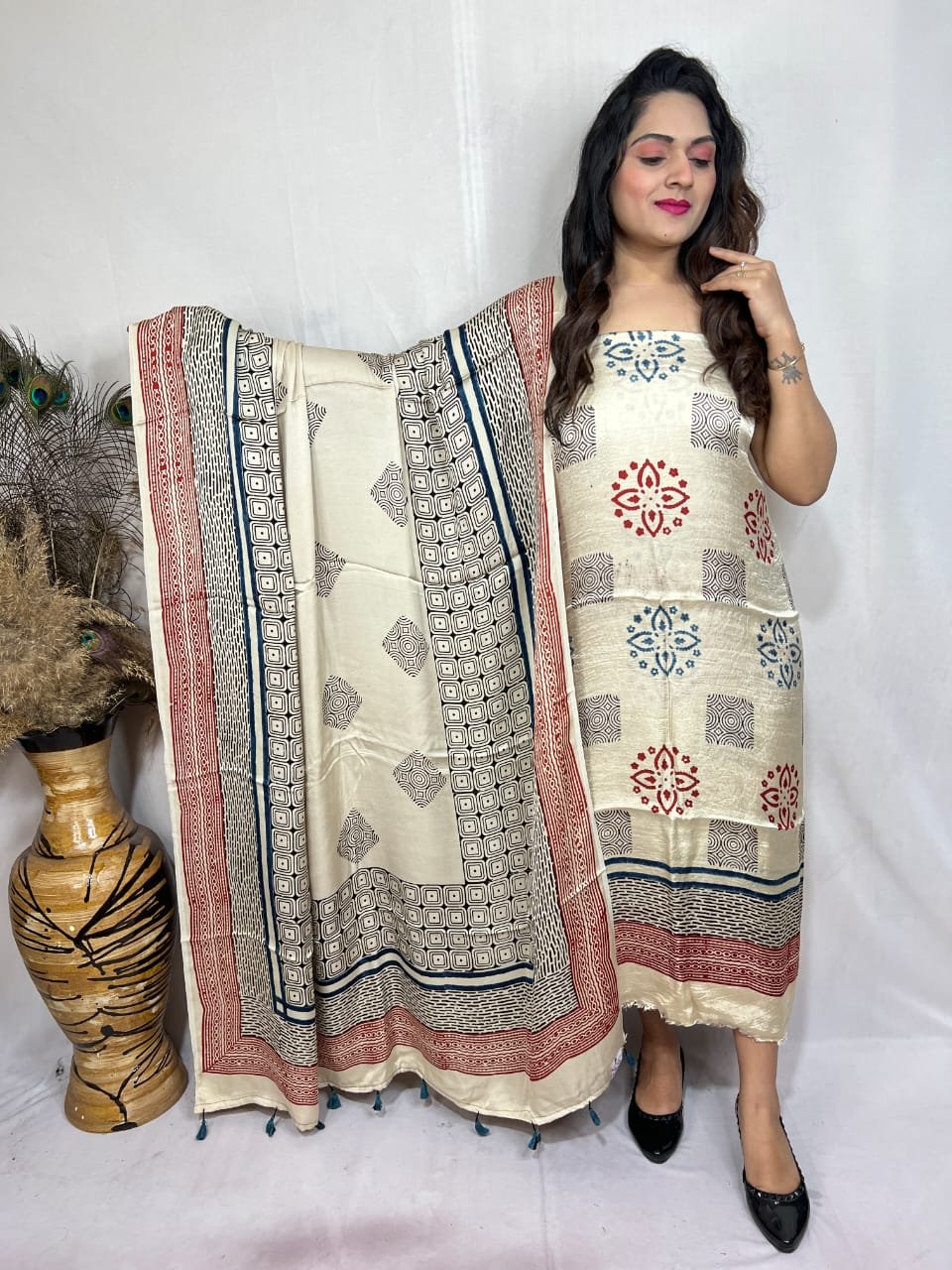 Luxurious Natural Block Print 2pcs Ajrakh Modal Silk Suit Material - Cream
