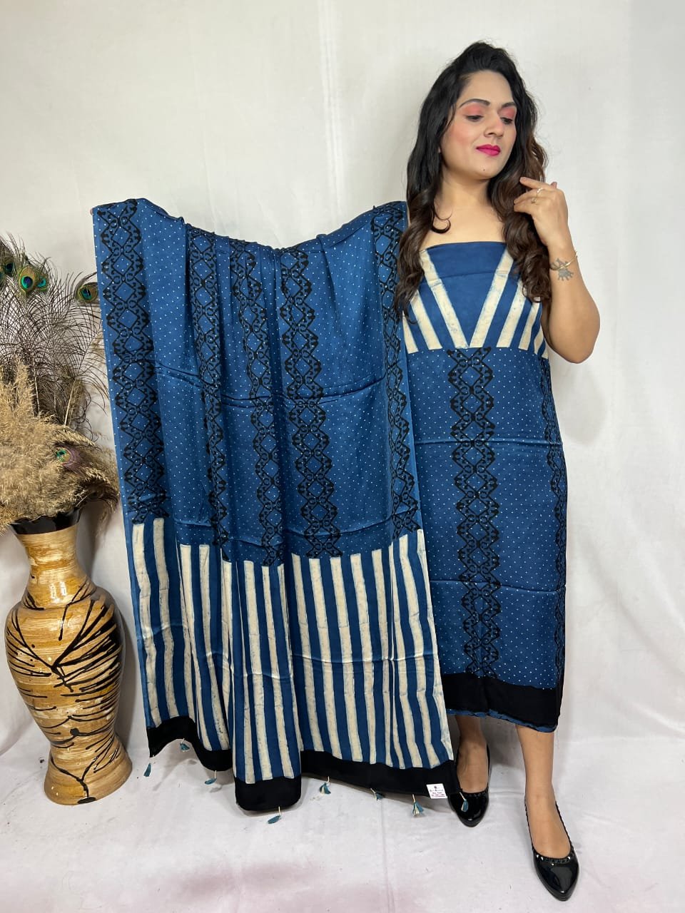 Luxurious Natural Block Print 2pcs Ajrakh Modal Silk Suit Material - Blue