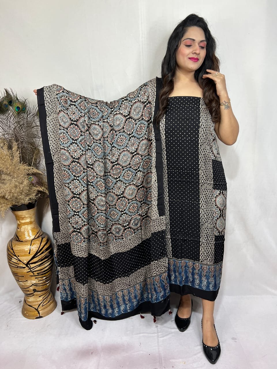 Luxurious Natural Block Print 2pcs Ajrakh Modal Silk Suit Material - Black