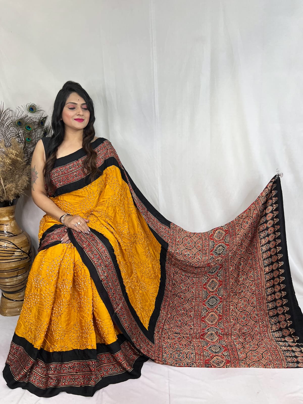 Womens Elegant Ajrakh Modal Silk Saree with Natural Hand Block Print & Bandhej - Mustard Yellow