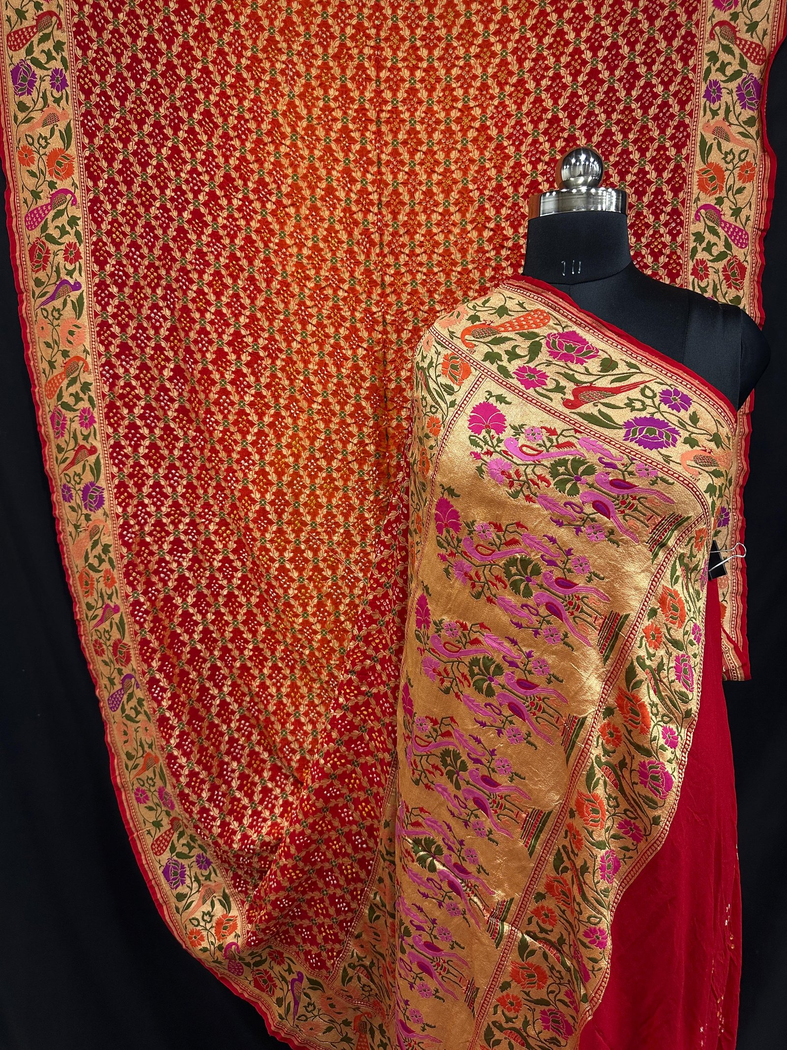 Banarasi Bandhani Tilfi Saree A Masterpiece of Elegance - Red Orange Shaded