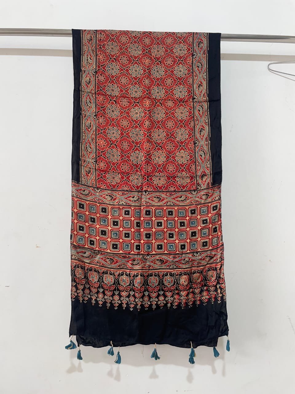 Ajrakh Hand Block Printed Natural Dyes Stole with Tassels - Red