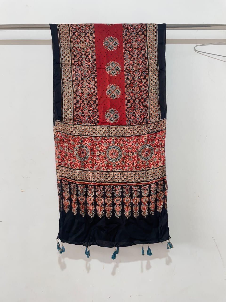 Ajrakh Hand Block Printed Natural Dyes Stole with Tassels - Red