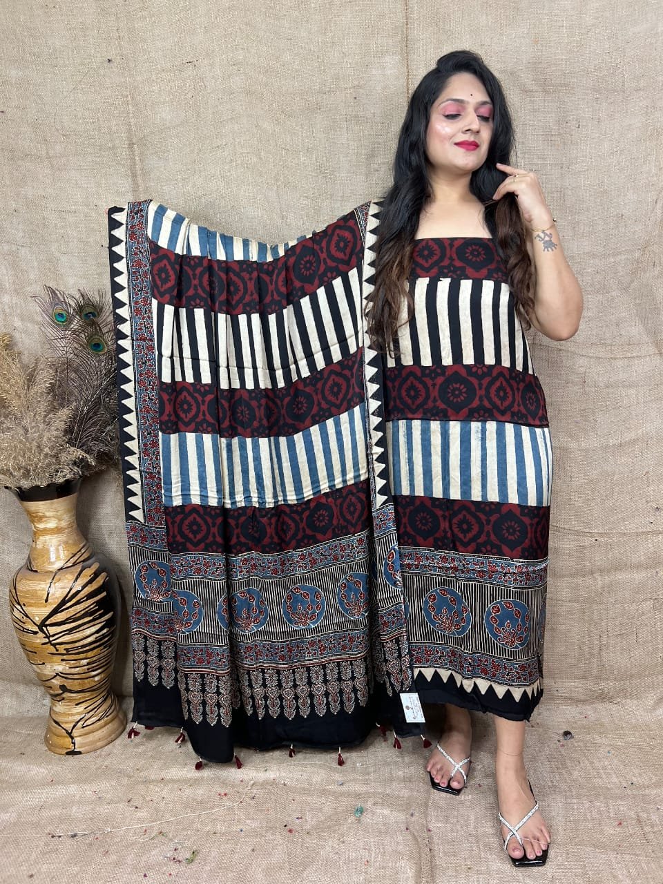 Luxurious Natural Block Print 2pcs Ajrakh Modal Silk Suit Material - Black