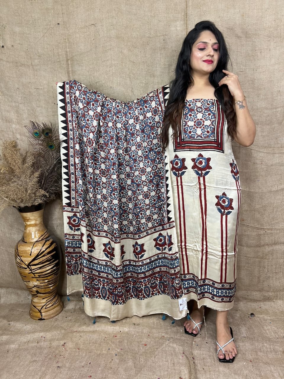 Luxurious Natural Block Print 2pcs Ajrakh Modal Silk Suit Material - Cream