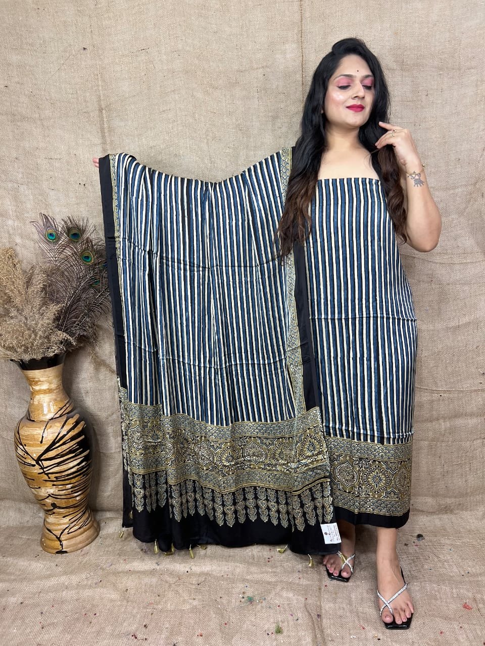 Luxurious Natural Block Print 2pcs Ajrakh Modal Silk Suit Material - Blue