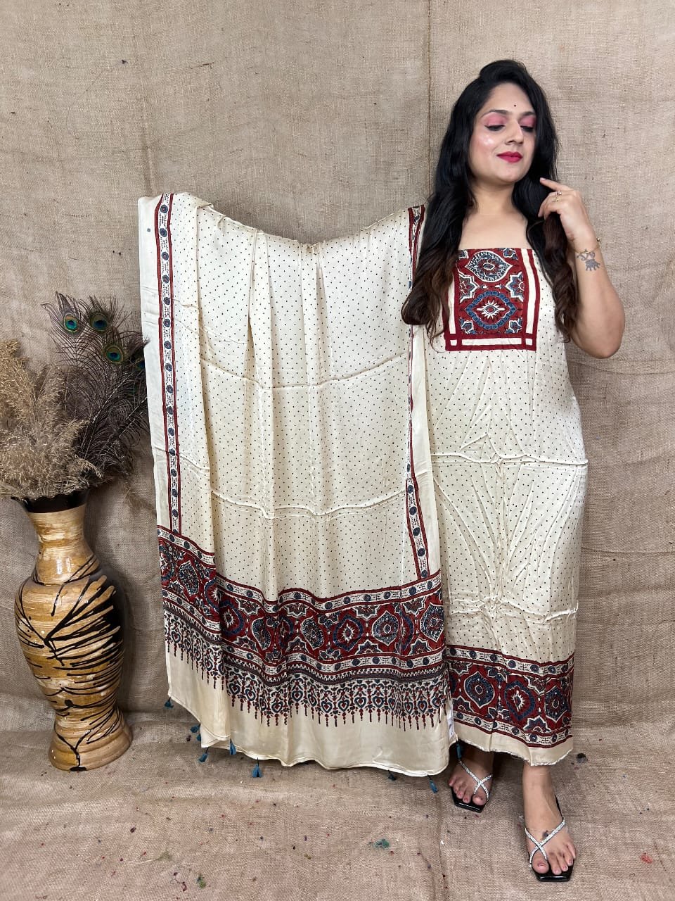 Luxurious Natural Block Print 2pcs Ajrakh Modal Silk Suit Material - Cream