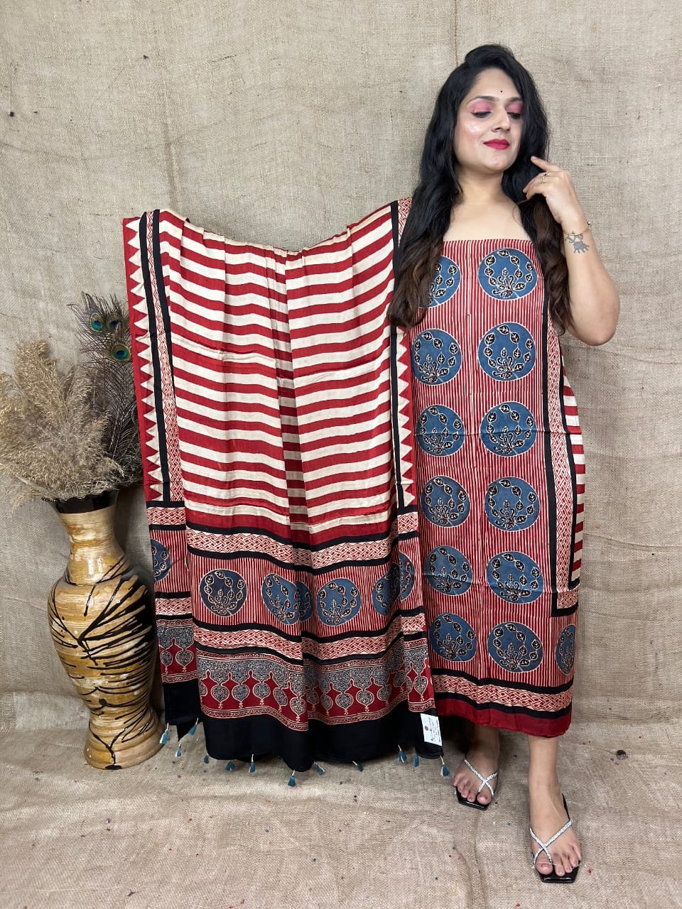 Luxurious Natural Block Print 2pcs Ajrakh Modal Silk Suit Material - Red