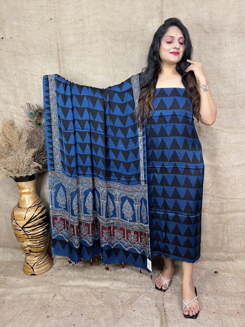 Luxurious Natural Block Print 2pcs Ajrakh Modal Silk Suit Material - Blue