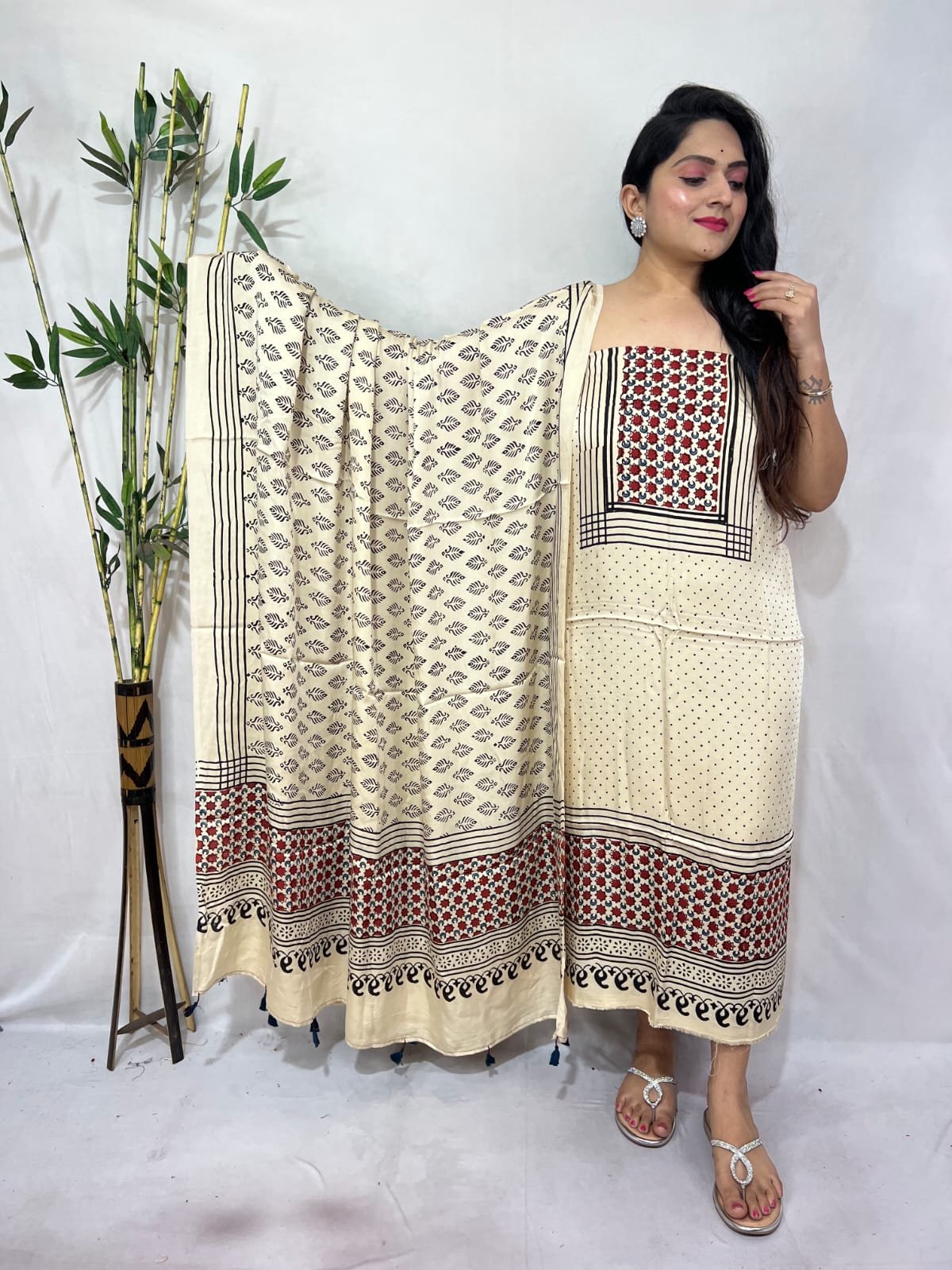 Luxurious Natural Block Print 2pcs Ajrakh Modal Silk Suit Material - Cream