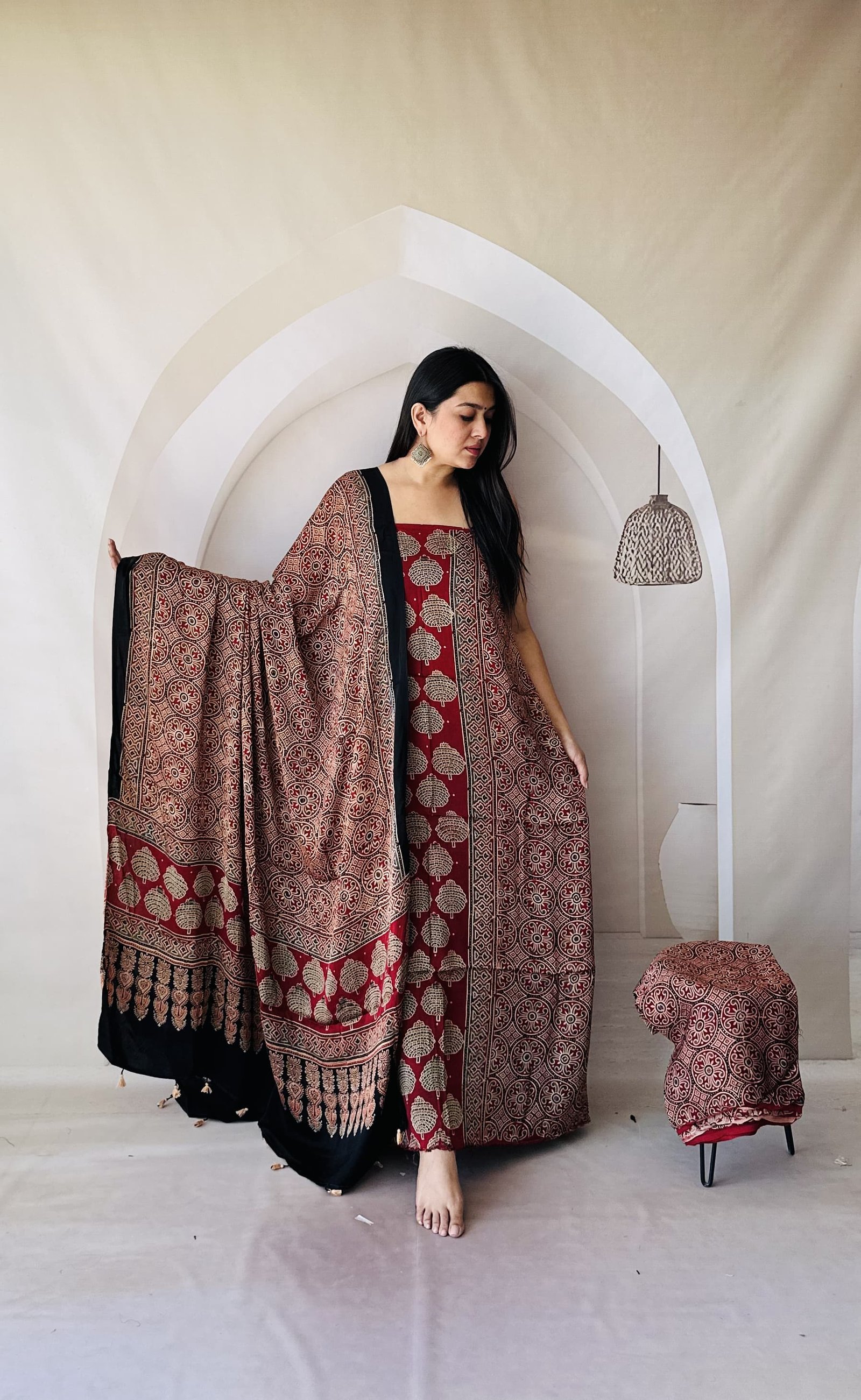 Luxurious Natural Block Print 3pcs Ajrakh Modal Silk Suit Material - Maroon and Black