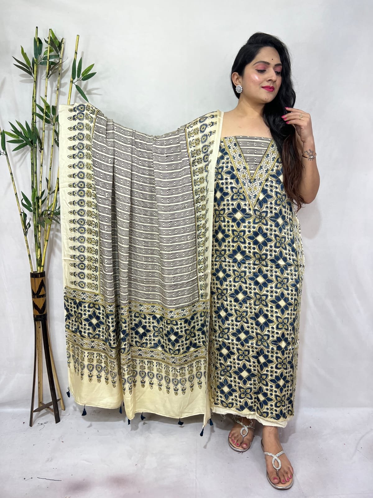 Luxurious Natural Block Print 2pcs Ajrakh Modal Silk Suit Material - Cream