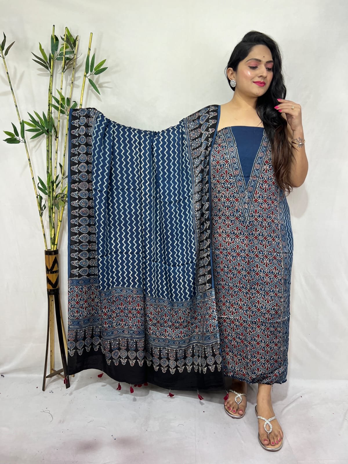 Luxurious Natural Block Print 2pcs Ajrakh Modal Silk Suit Material - Blue