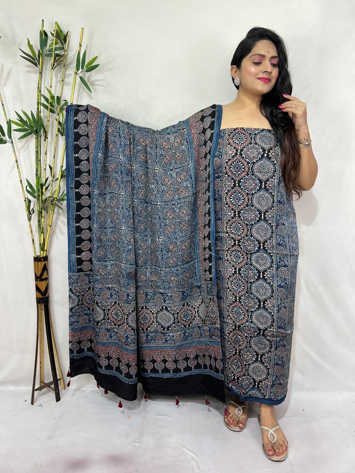 Luxurious Natural Block Print 2pcs Ajrakh Modal Silk Suit Material - Blue