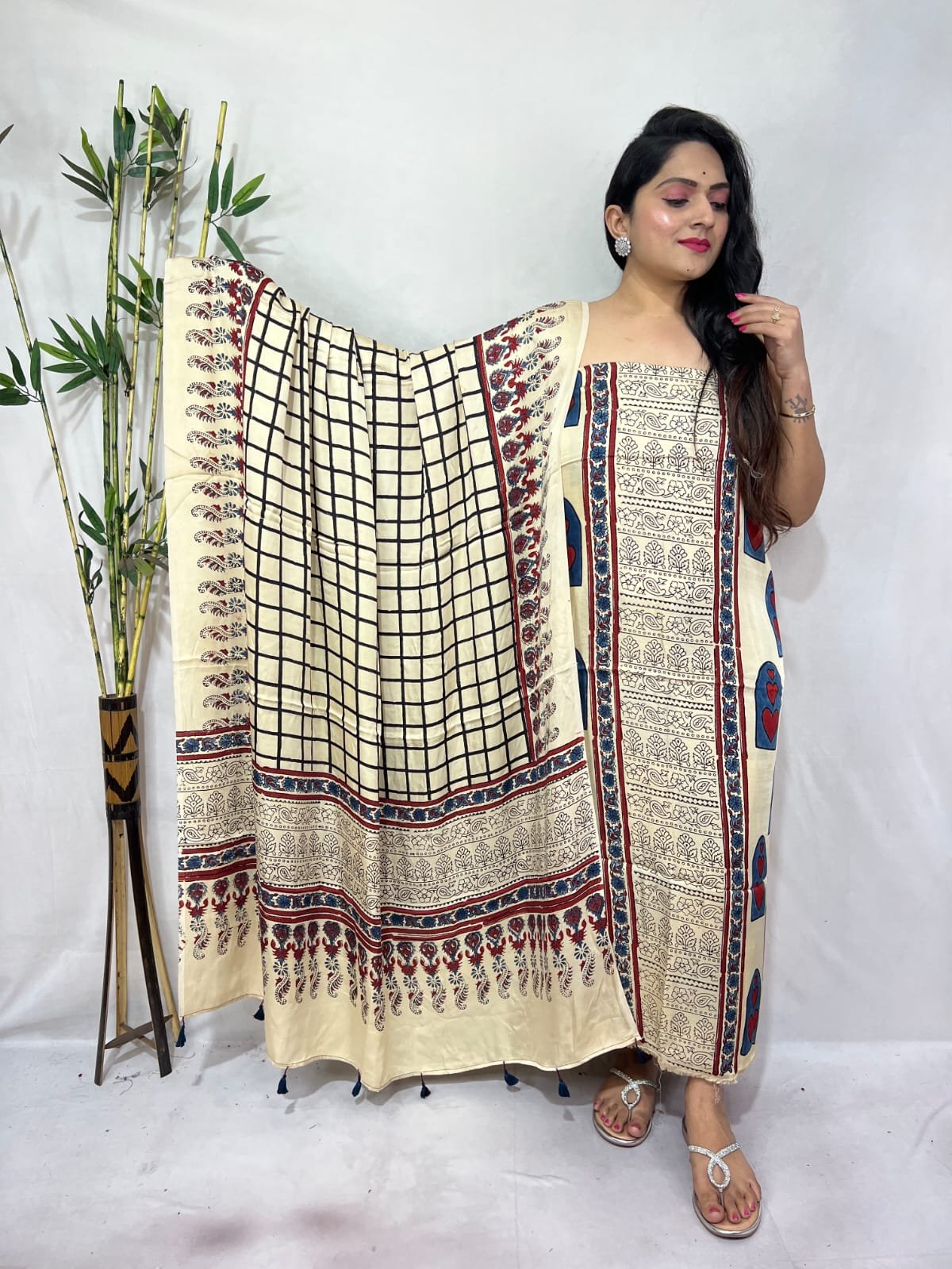 Luxurious Natural Block Print 2pcs Ajrakh Modal Silk Suit Material - Cream