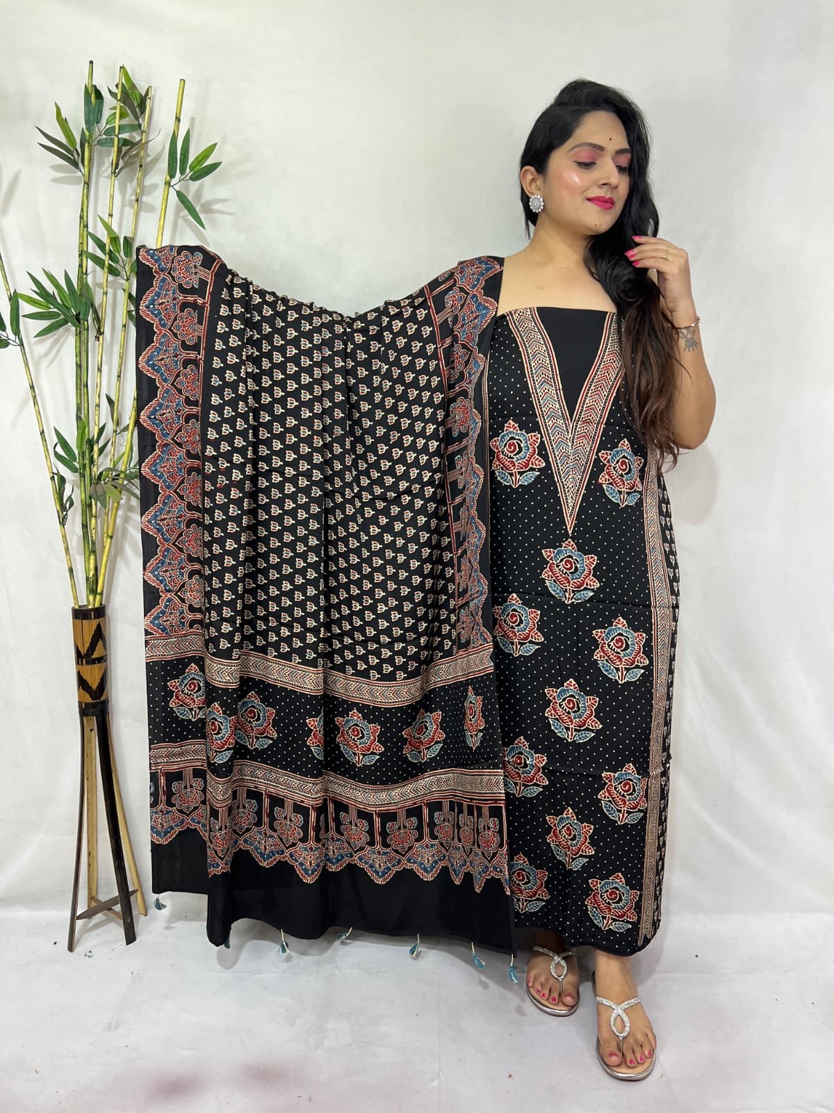 Luxurious Natural Block Print 2pcs Ajrakh Modal Silk Suit Material - Black