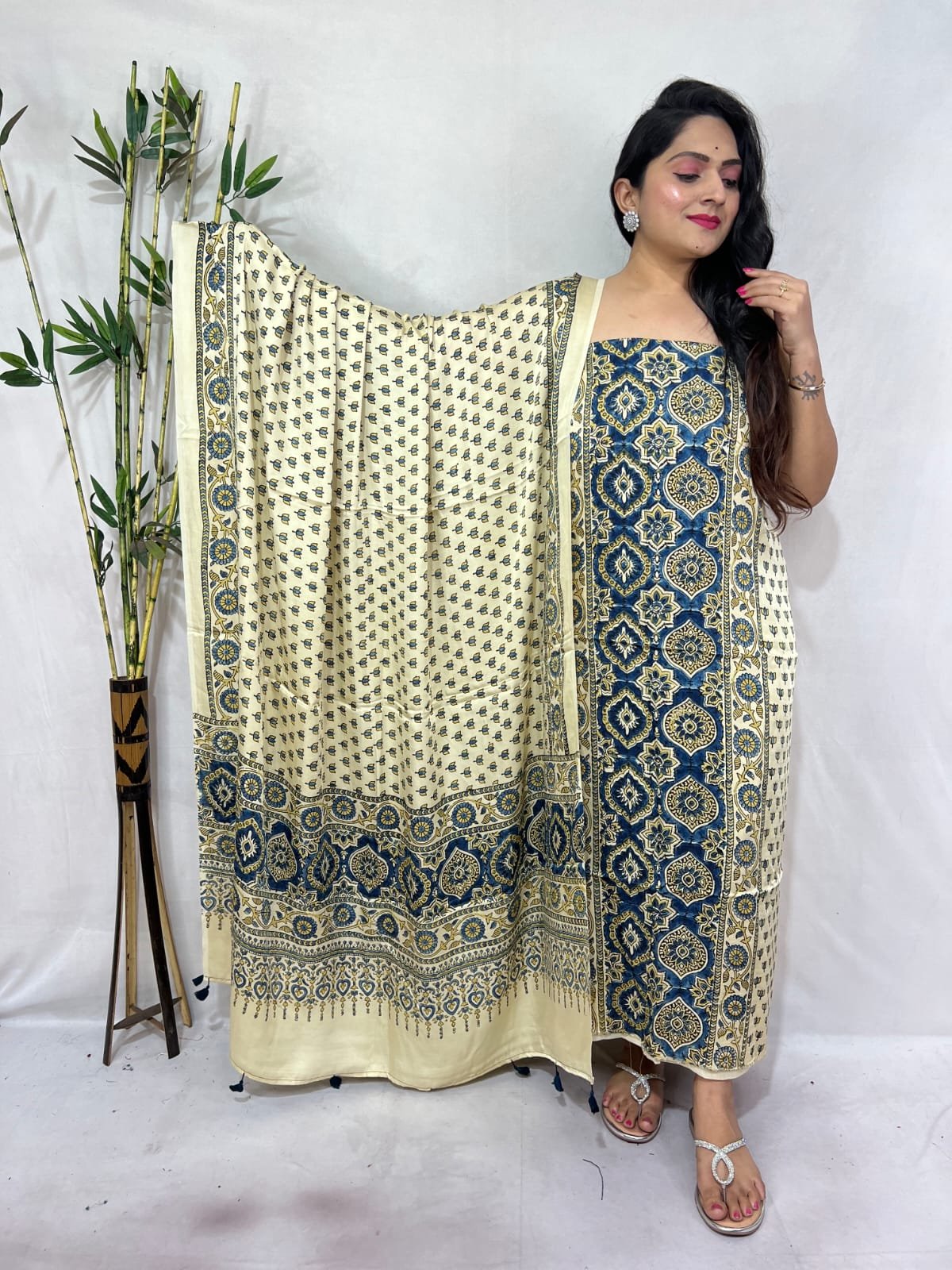 Luxurious Natural Block Print 2pcs Ajrakh Modal Silk Suit Material - Cream