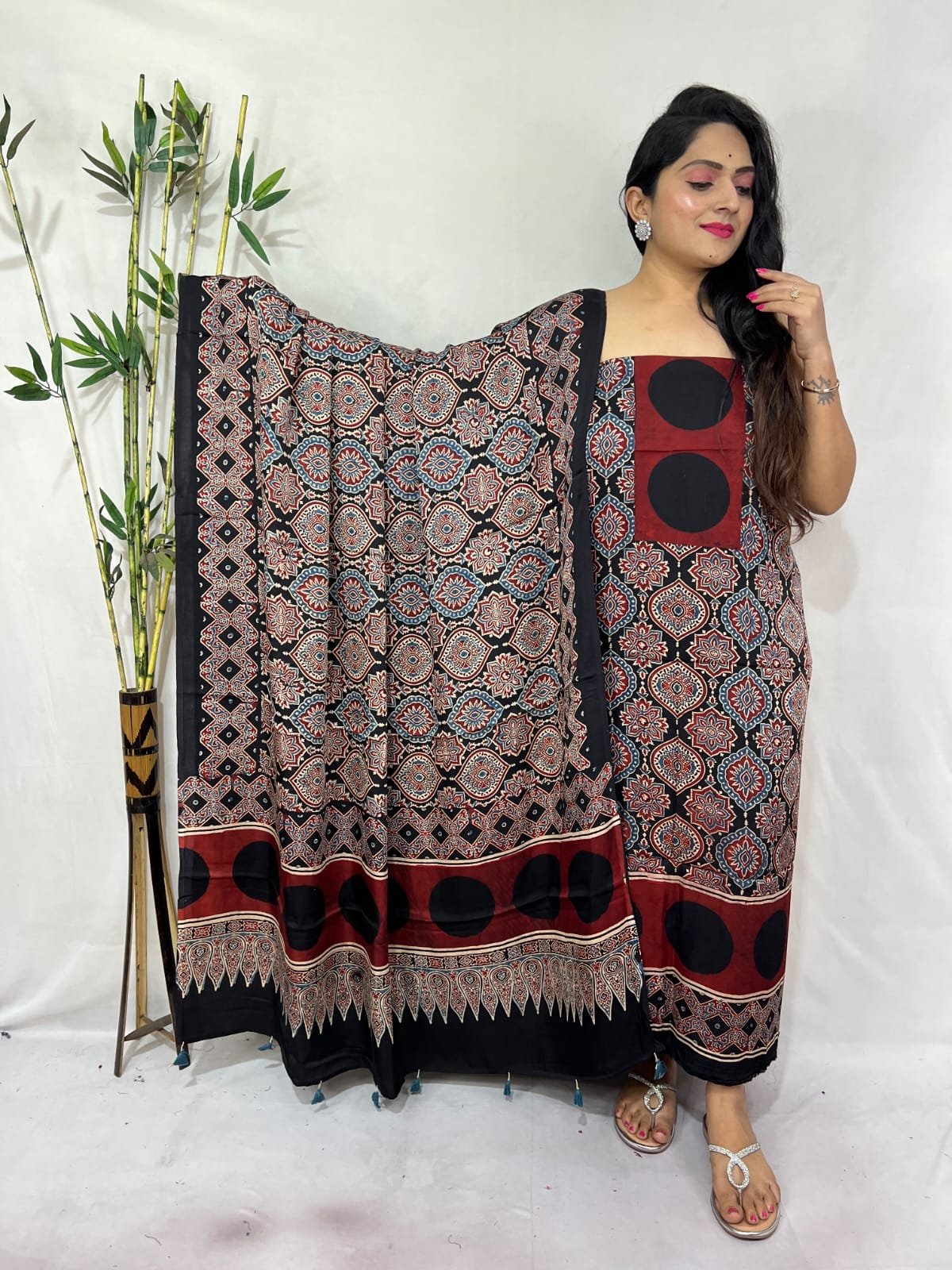 Luxurious Natural Block Print 2pcs Ajrakh Modal Silk Suit Material - Red