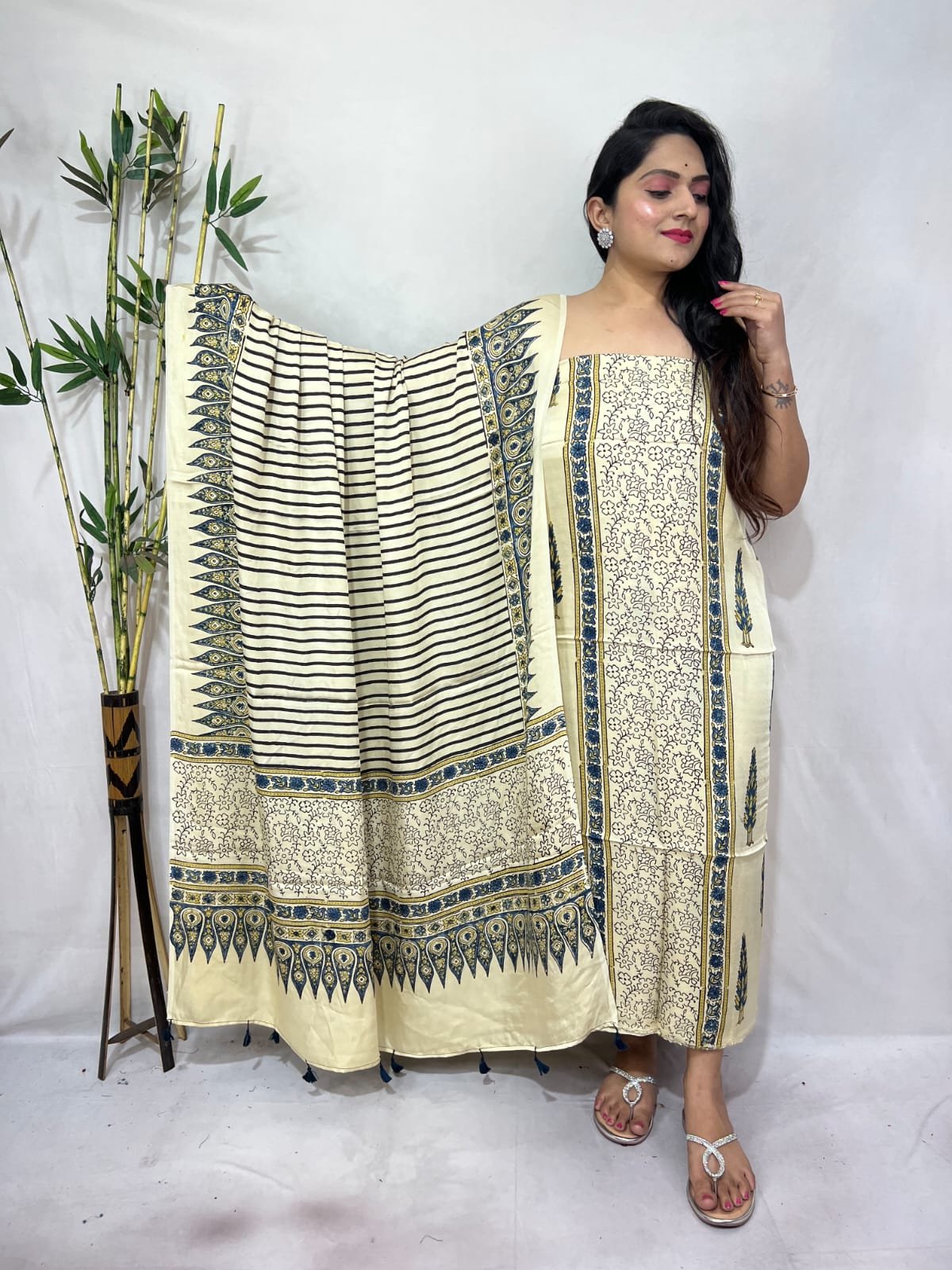 Luxurious Natural Block Print 2pcs Ajrakh Modal Silk Suit Material - Cream