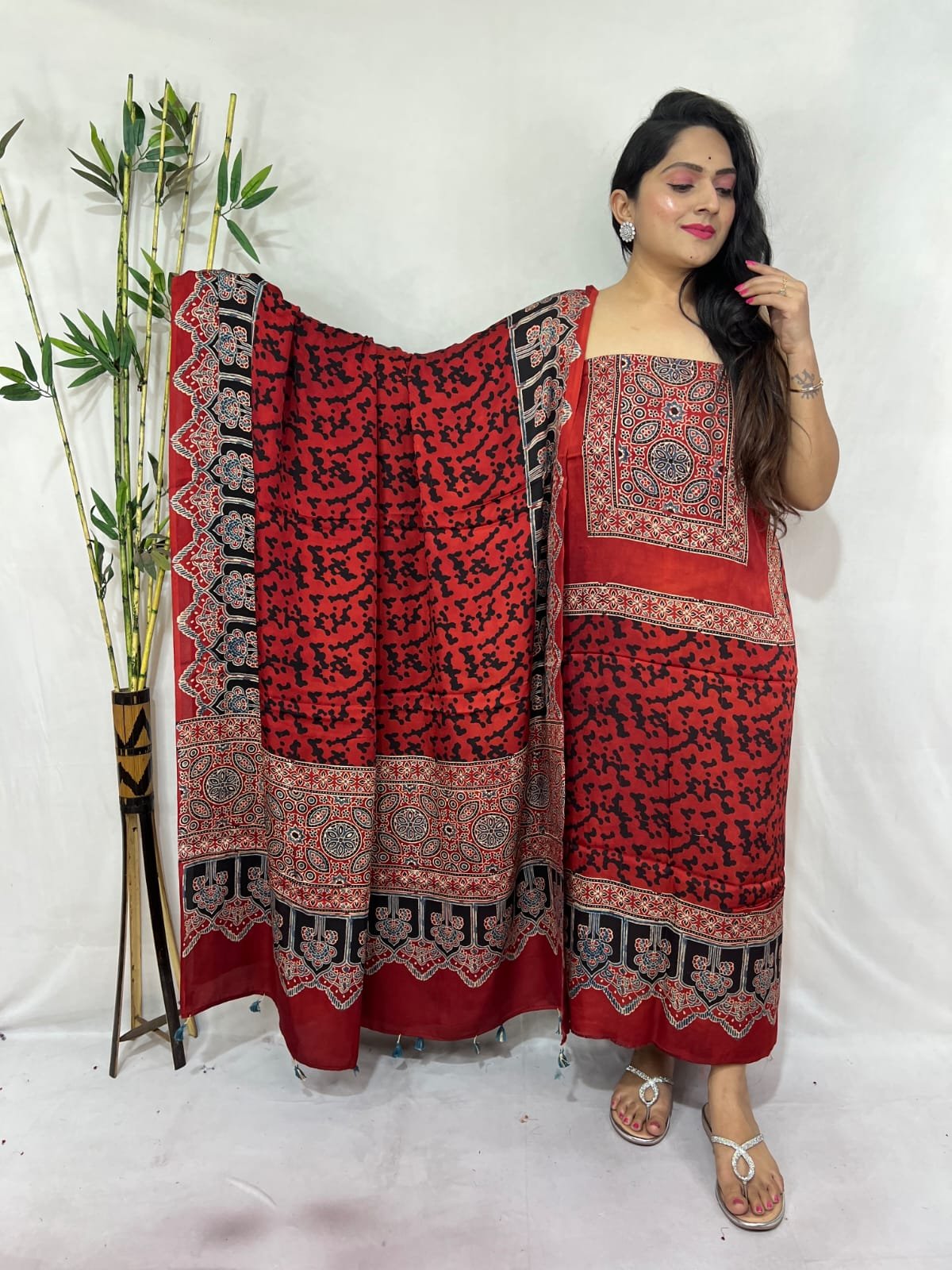 Luxurious Natural Block Print 2pcs Ajrakh Modal Silk Suit Material - Red