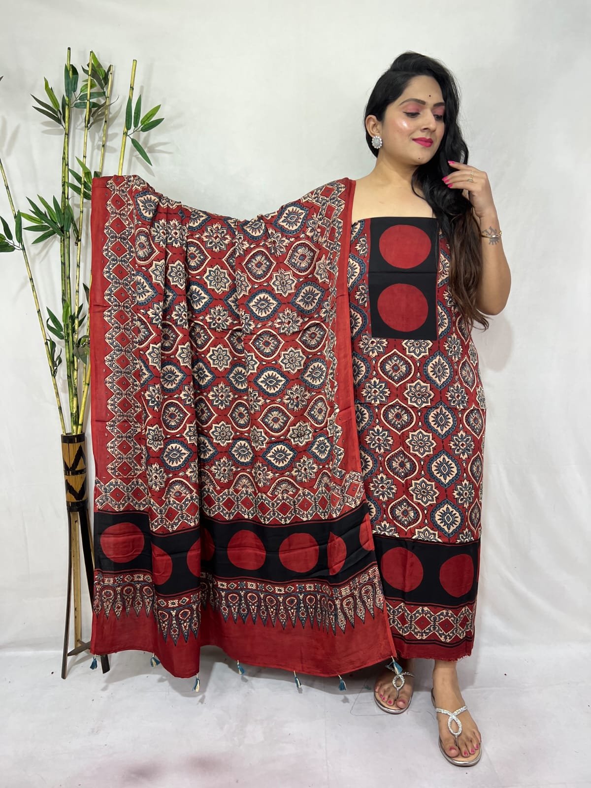Luxurious Natural Block Print 2pcs Ajrakh Modal Silk Suit Material - Red
