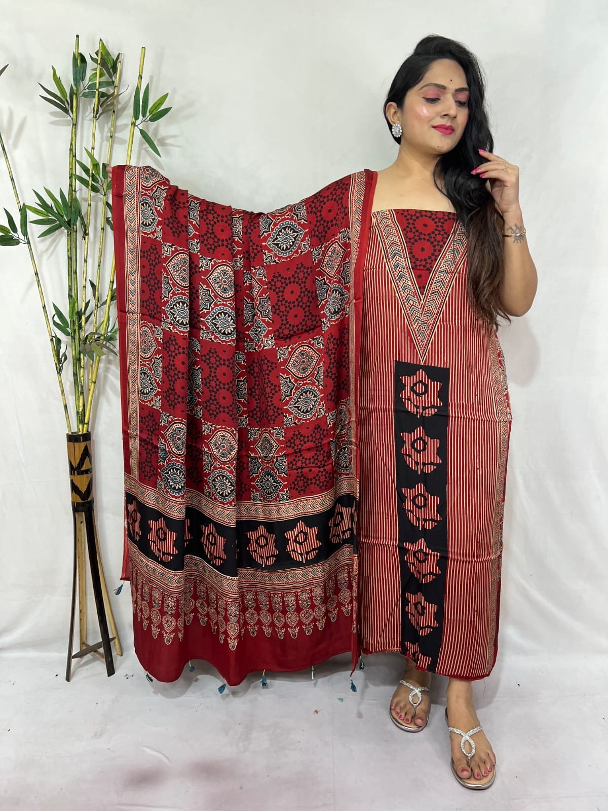 Luxurious Natural Block Print 2pcs Ajrakh Modal Silk Suit Material - Red