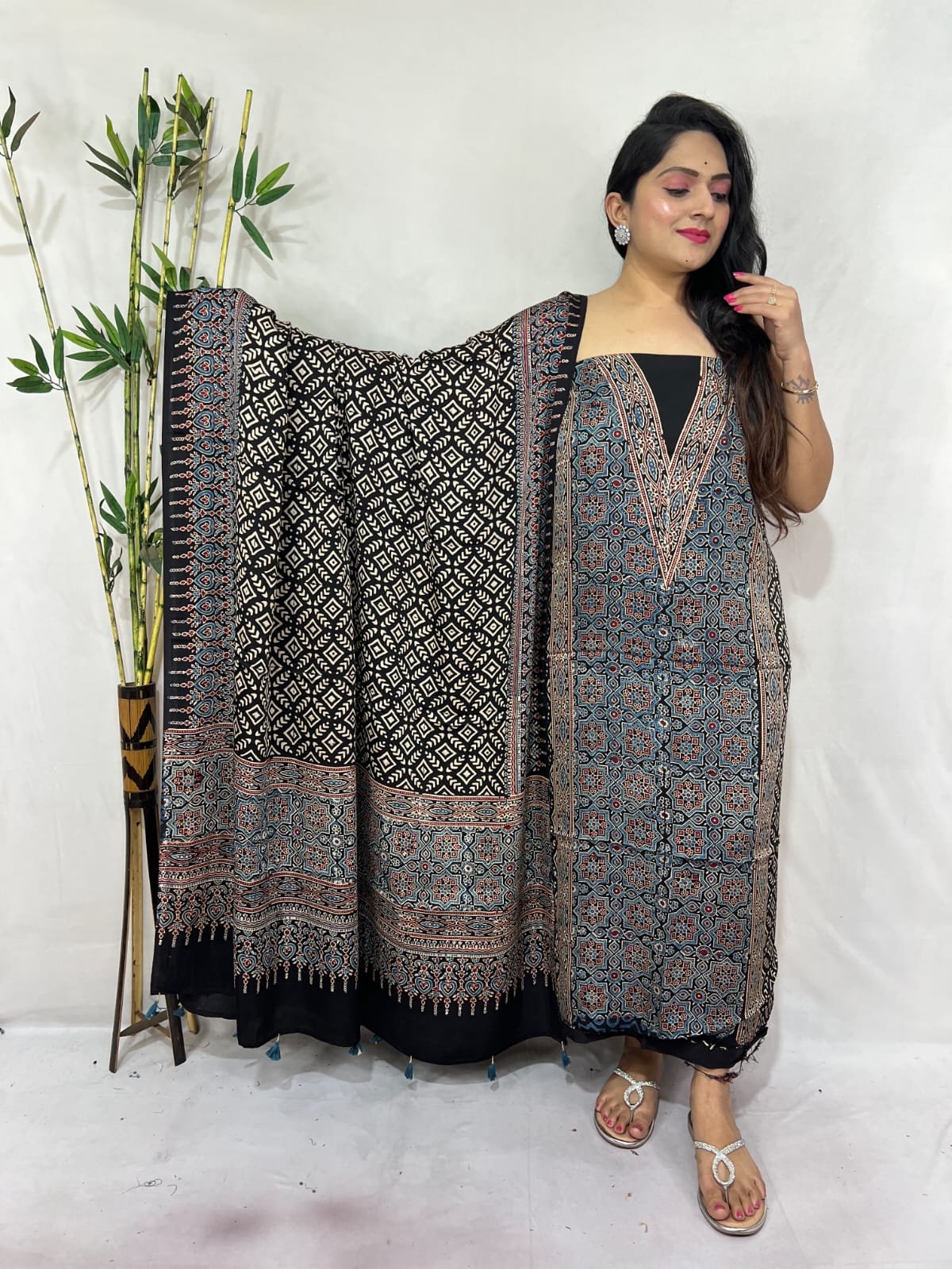 Luxurious Natural Block Print 2pcs Ajrakh Modal Silk Suit Material - Blue